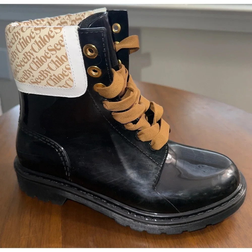 See By Chloe Luxury Black Glossy Logo Rain Boots Lace Up Combat Booties Size 8